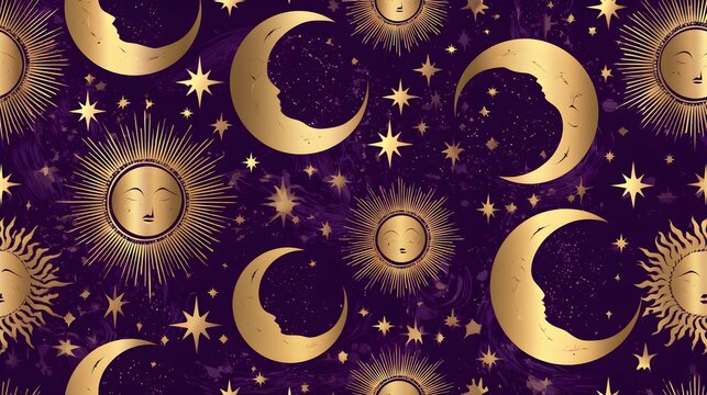 Gold foil celestial moon and sun pattern on purple background