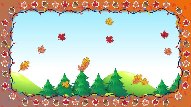 Autumn Leaves Falling Over Pine Trees Cartoon Frame Animation