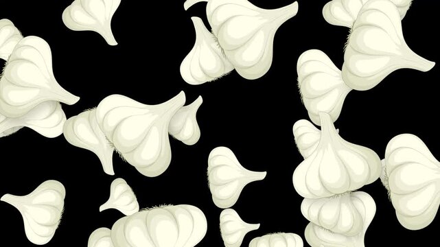 Animated Garlic Bulbs Falling Downward Against a Solid Black Background