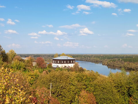 Autumn view of the river Kolva in Cherdyn, Russia