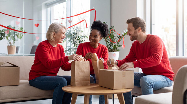 Two women and a man pack food bags in red sweatshirts for Giving Tuesday, showing warm inclusive workplace generosity and team care.