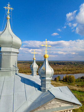 Autumn view of the river Kolvafrom the bell tower of old church in Cherdyn, Russia