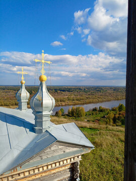 Autumn view of the river Kolvafrom the bell tower of old church in Cherdyn, Russia