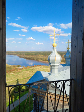 Autumn view of the river Kolva from the bell tower of old church in Cherdyn, Russia