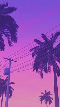video game Palm Tree neon pink purple Sky Miami inspired | 3D loop animation Vertical Video