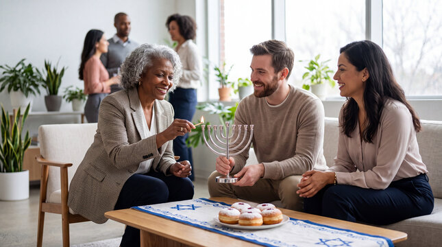 Colleagues pass a match to light a Hanukkah menorah among office plants, showcasing a relaxed and cheerful workplace holiday gathering.