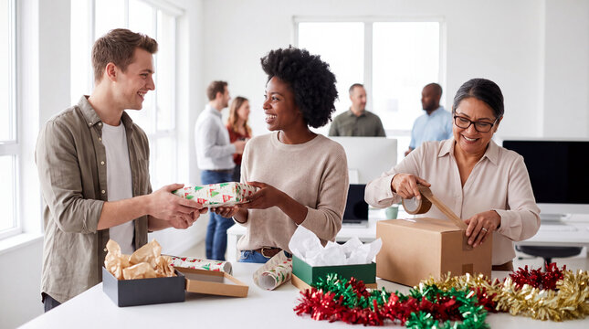 Young coworkers share wrapping paper and tape boxes at a desk, creating a friendly office Boxing Day party moment.