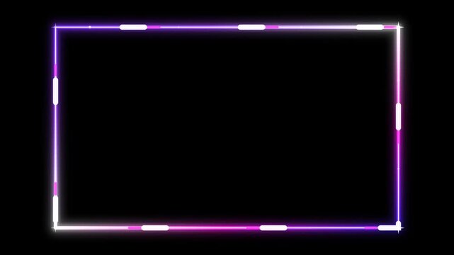 glowing purple pink neon rectangular frame with animated white light accents on black background. copy space for text, logos, advertising, presentations, titles, event graphics, and promotional.