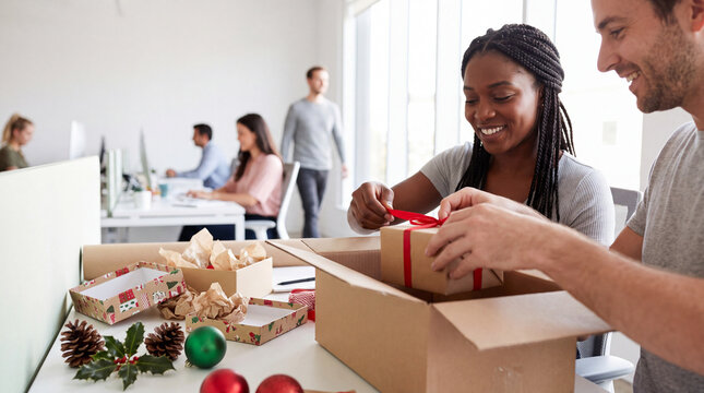 Close-up of hands wrapping a gift and packing a box, capturing an intimate office Boxing Day celebration detail.