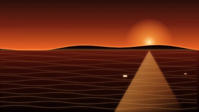 Minimalist vector landscape with sunset, rolling hills, and a glowing light path on a dark reddish brown terrain