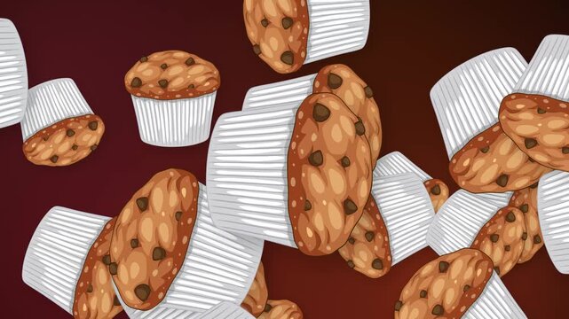 Animated Chocolate Chip Muffins Falling Against a Dark Red Background