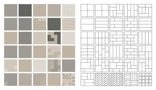 Pavement tile patterns top view vector set for site plan design.