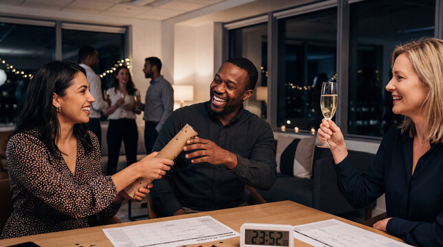Candid laughter as colleagues share a confetti cannon and raise glasses, capturing an authentic joyful New Year's Eve office moment.