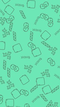 Green pattern background with icons resembling pacman game, stars, rectangles, arrows, and various shapes for creative projects. Suitable for game design and digital art creations.