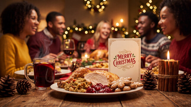 Low-angle view across a Christmas table with turkey, gingerbread, mulled wine and candlelight, creating a warm festive dinner atmosphere.