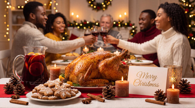 Bright Christmas feast table with turkey, gingerbread, mulled wine and a Merry Christmas card, ideal for cheerful holiday commercial content.