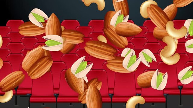 Mixed Nuts Falling Over Red Cinema Theater Seats Animation