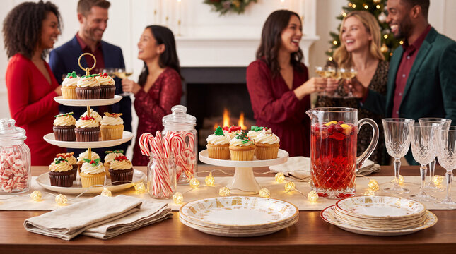 A celebratory Christmas holiday winter season party table with cupcakes, candy canes, punch bowl and string lights for event banners and cards.