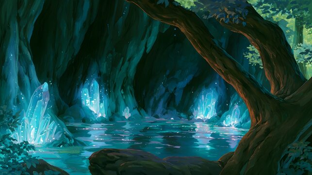 Hidden forest cavern with glowing blue crystals and underground pool
