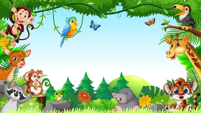 Cartoon Jungle Animal Frame Loop with Copy Space