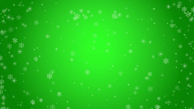 Abstract green christmas background with falling snowflakes and magical glowing snow lights
