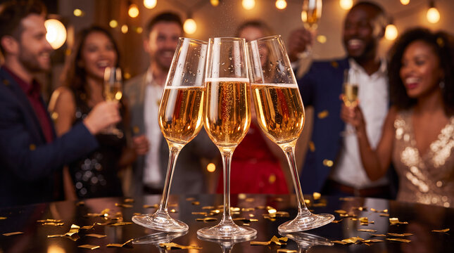A cheerful New Year's Eve holiday winter season champagne toast with confetti and elegant glasses for party invitations and cards.