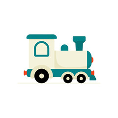 Old fashioned steam train toy with black wheels and teal roof on rails for childhood game playing and kids bedroom nursery wall decor graphic resource collection. © Waseem
