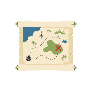Ancient pirate treasure map on scroll with dotted path leading to red X mark island for maritime travel adventure and hidden gold hunt fantasy game illustration.