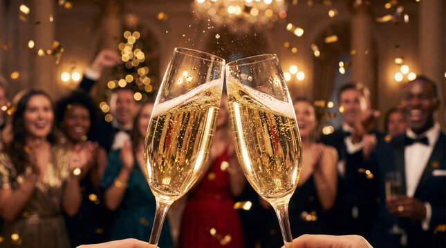 An exciting New Year's Eve holiday winter season champagne clink with golden confetti and sparkling glasses for event posters and cards.