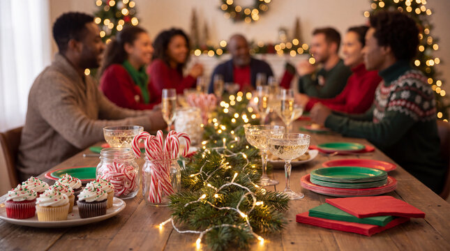 A merry Christmas holiday winter season long party table with cupcakes, candy canes, sparkling drinks and string lights for greeting cards and banners.
