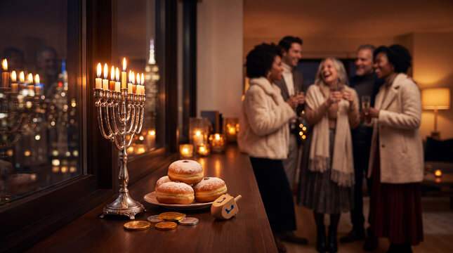 An elegant Hanukkah holiday winter season menorah candles celebration with donuts, dreidel and gelt for event banners and posters.