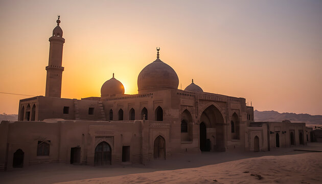 Beautiful ancient stone mosque building with a tall minaret during a warm golden sunset