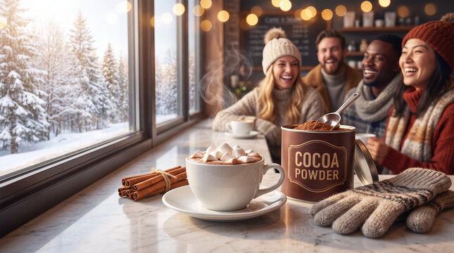 A bright winter holiday seasonal hot cocoa with marshmallows and cocoa tin for greeting cards and posters.