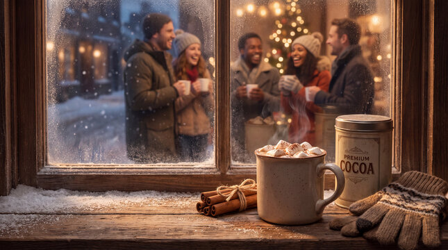 A cozy winter holiday seasonal hot cocoa with marshmallows, cinnamon and gloves for greeting cards and flyers.