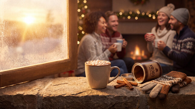 A cheerful winter holiday seasonal hot cocoa with marshmallows and gloves for invitations and greeting cards.