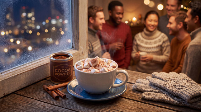 A festive winter holiday seasonal hot cocoa with marshmallows and cinnamon for social posts and banners.
