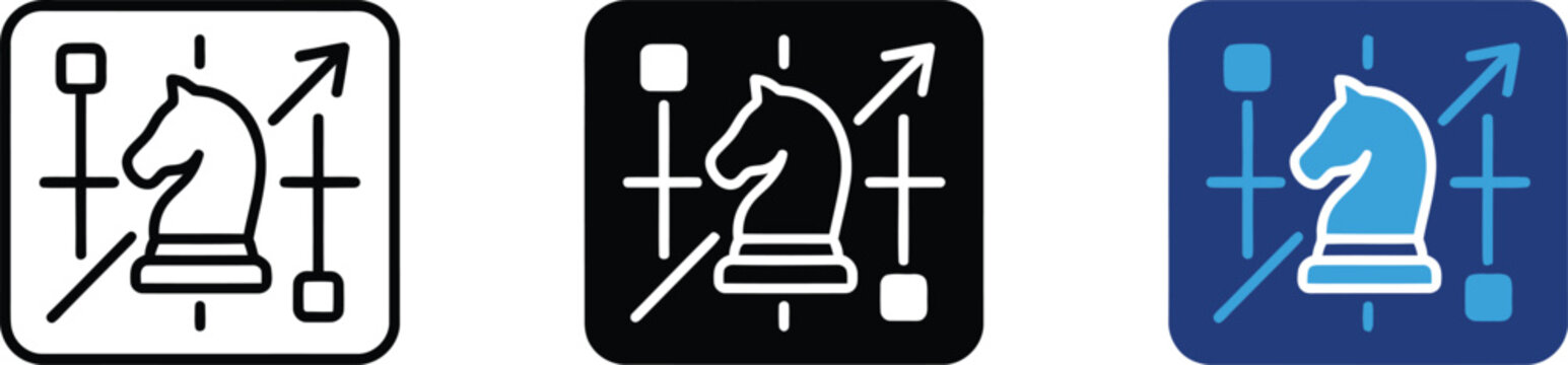 Chess knight strategy business tactics game icon vector set