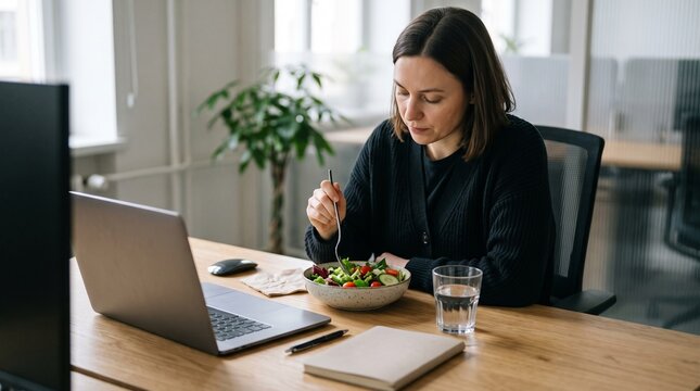 Woman eating healthy salad at her office desk with laptop and notebook