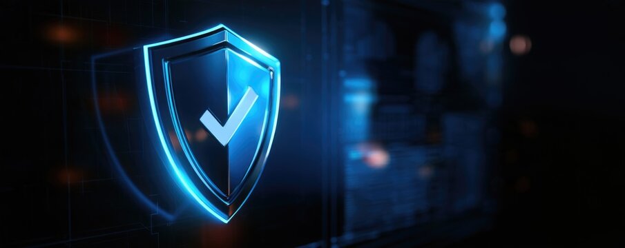 A glowing blue digital shield with a checkmark represents cybersecurity and data protection in a high-tech environment.
