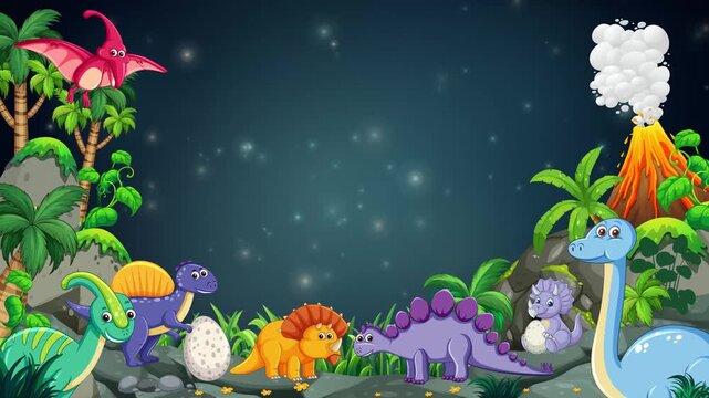 Cute Cartoon Dinosaurs in Prehistoric Jungle with Volcano Frame Animation
