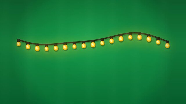 Yellow festive string lights with black caps glowing on a vibrant green background for holiday celebrations.