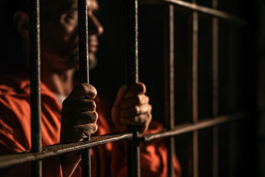 A prisoner wearing an orange jumpsuit grips metal bars, symbolizing incarceration and confinement in a dimly lit jail cell.
