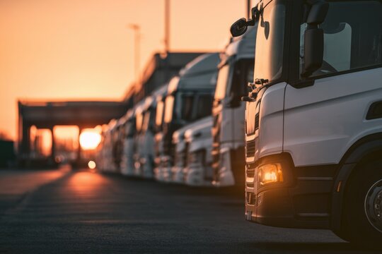 A row of white trucks parked at a terminal during sunset, highlighting the front truck's illuminated headlight.