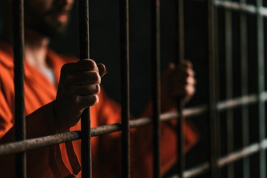 A person in an orange prison jumpsuit grips metal bars inside a dimly lit jail cell, conveying confinement and incarceration.
