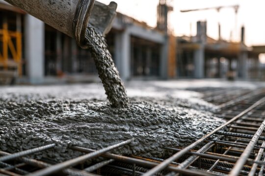 Cement concrete being poured over steel reinforcement bars at a construction site for a building foundation.