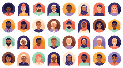 Fototapeta premium Diverse people avatar portrait set in hexagon arch and circle frames