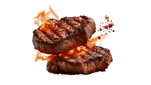 Two grilled beef steaks with bright orange flames isolated for restaurant menu design. isolated on transparent background
