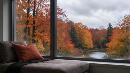 Fototapeta premium Cozy window view with rain drops and autumn forest landscape 1