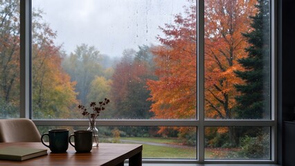 Fototapeta premium Cozy window view with rain drops and autumn forest landscape 2