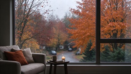Fototapeta premium Cozy window view with rain drops and autumn forest landscape 3